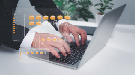 Folder document Management System DMS Open File folder with flying blank documents with computer....