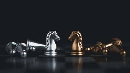 Gold and silver chess pieces in chess board game for business comparison. Leadership concepts, human resource management concepts, business administration concepts.の写真素材