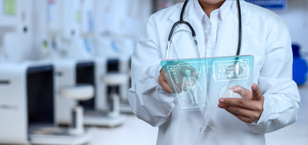 Doctor is using finger of touching screen for medical diagnostic analysis on modern virtual screen network connection. Medical technology concept.の写真素材