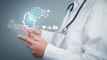 Doctor is using show screen for medical diagnostic analysis on modern virtual screen network connection. Medical technology concept.の写真素材