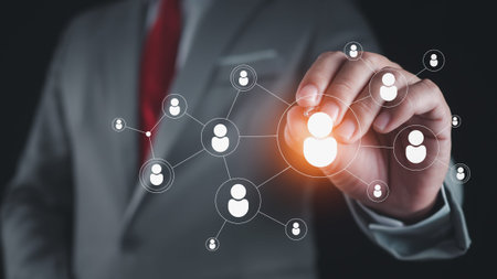 Businessman points pen to select business target group Lead, buyer, customer behavior concept...