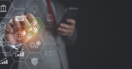 Businessman pointing at target. Business network management concepts. Business planning concepts. Business goal management concept.の写真素材