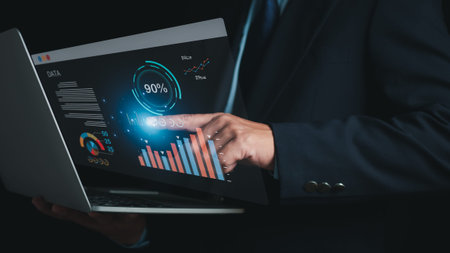 Data analysis concept. businessman analyze and visualize complex information on a virtual screen...
