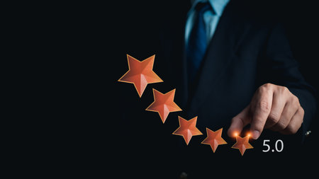 Customer Satisfaction Survey concept, service experience rating online application, customer evaluation product service quality, satisfaction feedback review, very good quality most.の写真素材