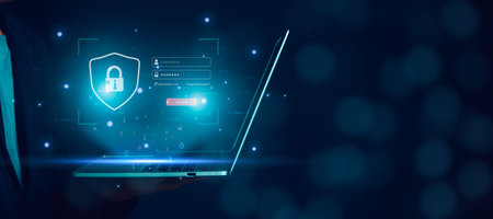 Cyber security and password login concept, Hands uses computer and entering username and password of...