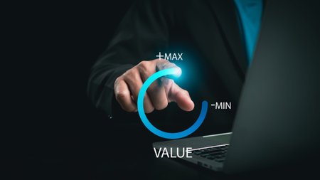 Businessman is pulling up circle progress bar with the word VALUE on dark tone background, value...