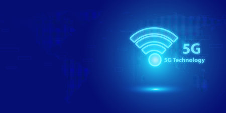 Futuristic blue 5G text and abstract technology background. Artificial intelligence digital...