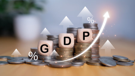 Gross domestic product, Financial, Management, Economic, Inflation, recession and Money concepts, GDP block with Coins stack and UP and Down arrow symbol icon.の写真素材