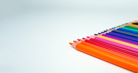 Set of colored pencils on a white background That is arranged in a bar graph, Color pencils on white background, Close up, seamless colored pencils row with wave on lower side, line pencils.の写真素材