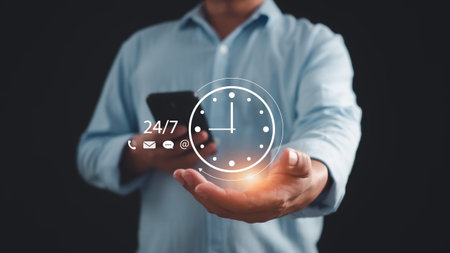 work 24 hour and 7 day icon virtual screen hologram, 24 hour open, 24 hour payment online banking,...