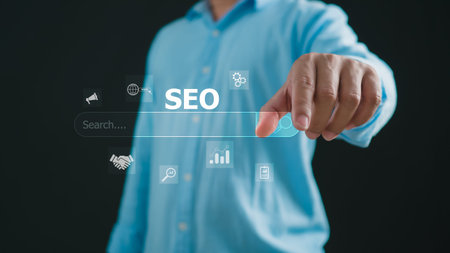 Businessman Search On Virtual Screen Data Search Technology Search Engine Optimization. Man use...