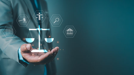 Businessman holding virtual global law icons on  for business legal advice, Labor law, Lawyer, Attorney at law, Legal advice business concept, Lawyer icon, Lawyer man, Lawyer background.の写真素材