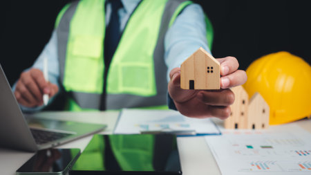 Architect or engineer using tablet to work on table, Construction planning, Structural calculation, Structural design, Project presentation plan, Construction cost planning, Cost calculation.の写真素材