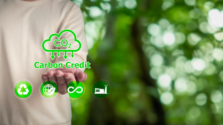 Carbon credit market concept. Man show icon symbol to represents exchange carbon credits, Carbon etf to invest in sustainable business, green climate funds investment, Net zero emission.の写真素材