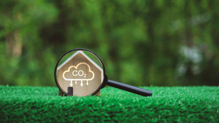 A magnifying glass is placed on a green grassy field with a house and a CO2 cloud in the foreground, Net Zero. CO2 emission reduction concept, Clean environment, Environmental protection concept.の写真素材