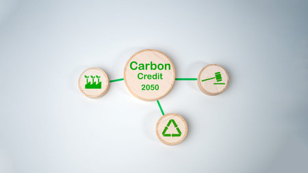 Net zero by 2050, Wooden block with Carbon cerdit text in 2050 on white background, Carbon neutral,...