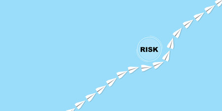 White paper plane flies through risk barriers to reach target, Risk avoidance in business concept,...