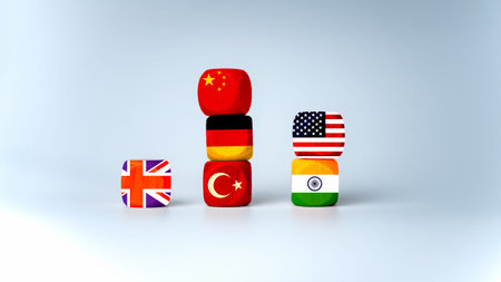 Screen printed USA flag and China flag on wooden cube, showing trade competition and tariff...