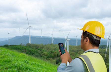 Engineer checking control electric power, Engineer man working with tablet at windmill farm...