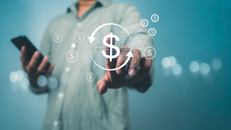 Man holding smartphone with virtual world map and up and down arrows, Global business and Global currency exchange concept, money, finance, Exchange bank rate and dollar international global concept.の写真素材