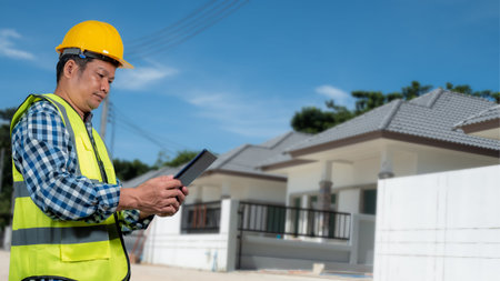 Engineer architect with protective helmet working at house building on construction site background,...