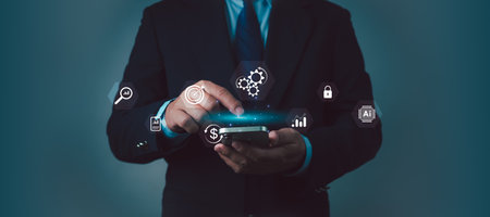 Businessman holding smartphone and showing business global connection, Business global internet connection application technology and digital marketing, Financial and banking, Digital link tech.の写真素材