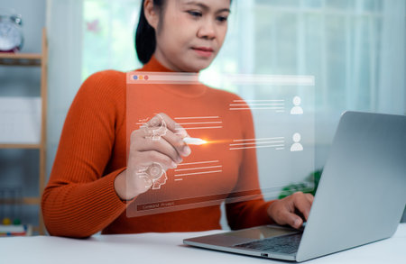 Woman hand holding a stylus pen touching a virtual screen displaying questions and answers with...