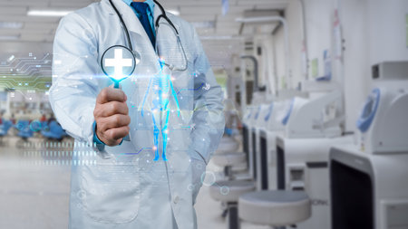 Medical technology concept, Doctor holding magnifying glasses to represent medical diagnostic analysis on modern virtual screen network connection, Body human anatomy on technological futuristic.の写真素材