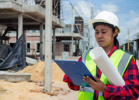 Engineers holding blueprint project working outdoors building side with blueprints on a worksite, Engineering and architecture concept, Engineer working at site of a large building project.の写真素材