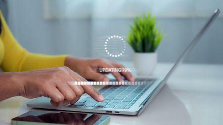 Woman working and installing update process, Update software application technology concept,...
