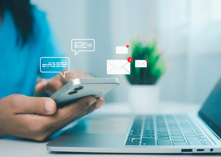 Online communication, online marketing, data link tech, Businesswoman holding smartphone and...