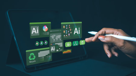 Woman hand using laptops to analyze ESG on screen in business investment strategy concept, ESG...