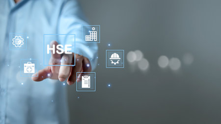 HSE, Health safety environment concept, Standard safe industrial work and industrial, Businessman touch virtual HSE icon for business and organization, Safety and protection in industrial work.の写真素材