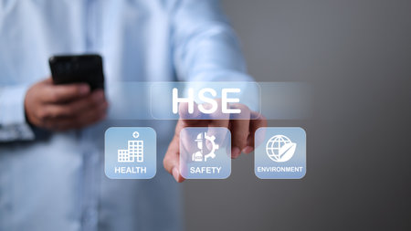 HSE, Health safety environment concept, Standard safe industrial work and industrial, Businessman touch virtual HSE icon for business and organization, Safety and protection in industrial work.の写真素材