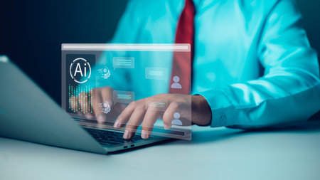 Intelligence artificial futuristic and technology development; AI network of brain on business analysis; Software for chat with AI; Businessman using the AI; chat system to find answers to questions.の写真素材