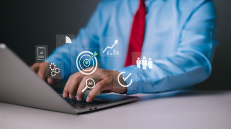 Target with digital marketing icons on virtual screen internet network connection, Targeting the business concept, Business goal, Digital marketing, Online business, Set goals for better results.の写真素材