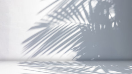 Background of nature cement texture with shadow palm leaves, Empty grey cement wall floor and wall room, Well display product and text present on free space, Luxury backdrop, Spring and summer.の写真素材