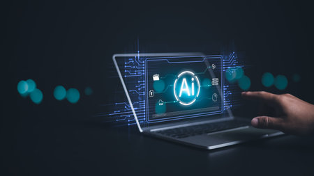 Artificial intelligence to make business more efficient, Hand point at AI symbol surrounded by digital icons and data flows, Representing artificial intelligence, Technology integration, Computer techの写真素材