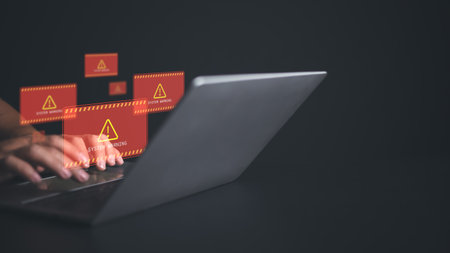 System warning sign for notification, Cyber attack on computer network, System hacked alert due to cyber attack on computer network, Data Protection, Internet virus cyber security and cybercrime.の写真素材