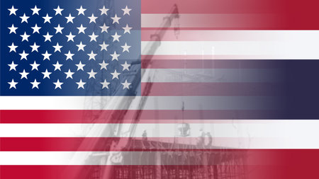 USA and Thailand flags of business Competition, Thai and US trade relations, Thai and America trade war concept, Abstract background of symbol of tariff trade war tax barrier between Thai and usaの写真素材