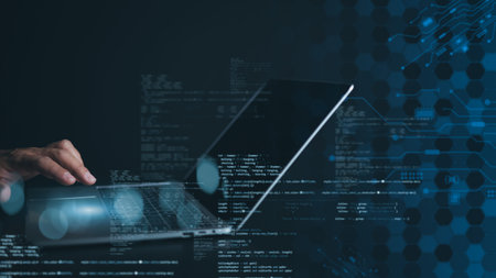 Programmer and cyber security technology, Digital technology, Software development concept. Coding...