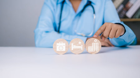 Health and access to welfare health concept, Health insurance concept, Doctor hand holding wooden...