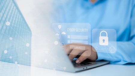 Cyber security and data protection on internet, Password protected system and storage, Human use laptop to virtual shield, Secure access, Cybersecurity technology, User privacy security and encryptionの写真素材