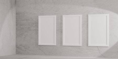 3D render of minimalist interior with three vertical white poster frames on a light textured wall....