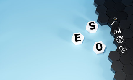 Three white hexagonal block clearly spell SEO on a serene blue background, accompanied by relevant digital marketing icons, symbolizing search engine optimization strategies and digital growth.の写真素材