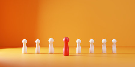 Leadership concept with a red wooden figure standing out from the crowd. Symbolizing creativity, success, teamwork performance, human resource, talent management, and employee recruitment.の写真素材