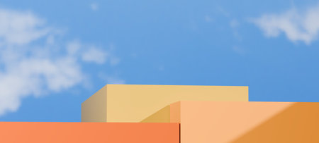 3D render of minimalist orange podium set against a bright sky blue and cloud, perfect for showcasing modern design elements, cosmetic products, seasonal campaigns, stylish digitalの写真素材
