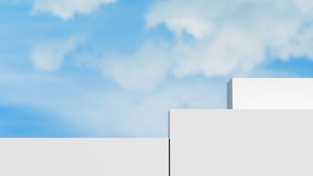 3D render of a minimalist white podium with a bright sky blue and cloud background, ideas for showcasing modern design elements, cosmetic products, seasonal campaigns, stylish digiの写真素材