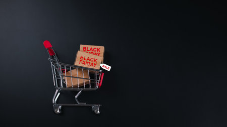 E-commerce promotions, and discount shopping. Miniature shopping cart with BLACK FRIDAY tag, symbolizing major sales events, Ideal for retail advertising, holiday deals, Consumer purchasing concepts.の写真素材
