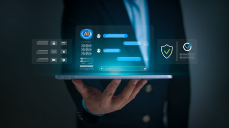 A businessman holds a tablet displaying a virtual AI chatbot interface with secure login icons, data...
